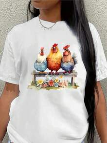 This Lightweight And Durable Short-Sleeved T-Shirt Features A Striking Chicken Design And Is Perfect For Casual Outings At Home Or Restaurants, Offering A Comfortable Everyday Wear Experience. - 白色 - 查看 1