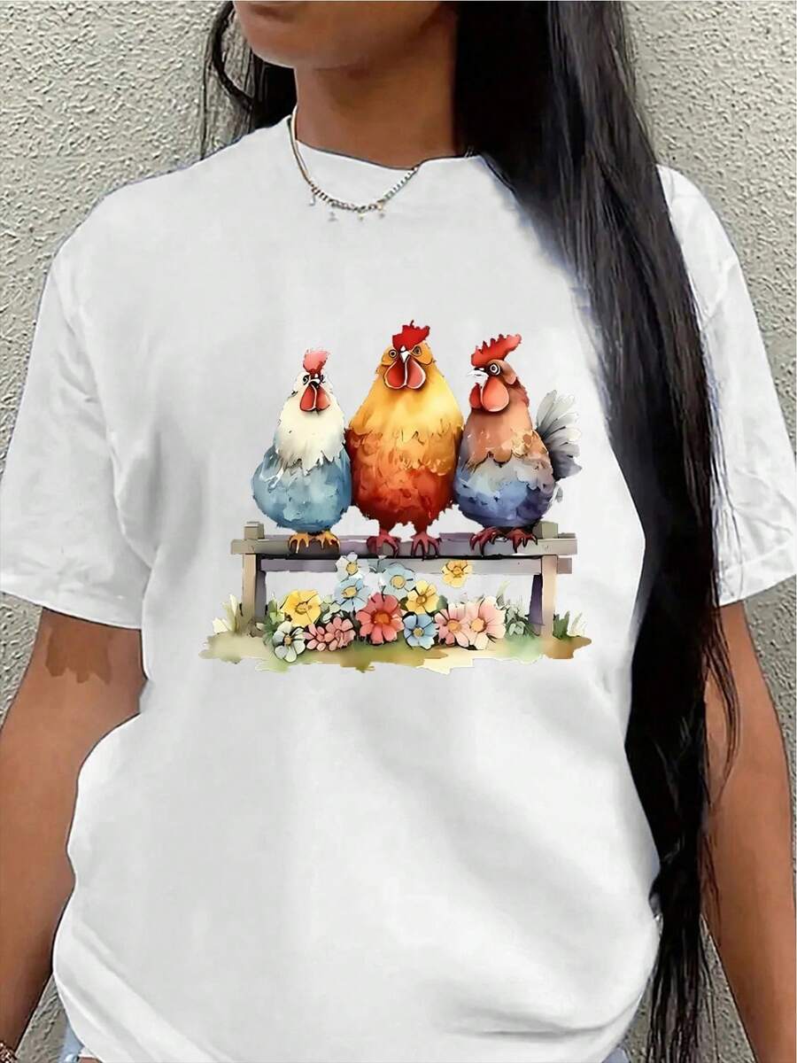 This Lightweight And Durable Short-Sleeved T-Shirt Features A Striking Chicken Design And Is Perfect For Casual Outings At Home Or Restaurants, Offering A Comfortable Everyday Wear Experience. - 白色 - 查看 1