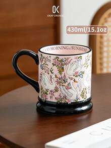 1个手绘天鹅玫瑰陶瓷马克杯，法式天鹅玫瑰拿铁咖啡杯，复古早餐牛奶果汁饮料杯，适用于餐厅、客厅、咖啡馆 - 粉色 - 查看 8