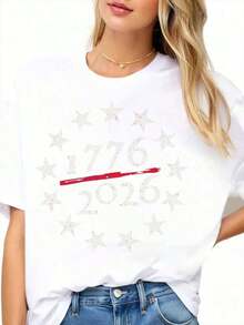 Camiseta Gráfica con Diseño de Estrellas Patrióticas para el Día de la Independencia Americana 1776-2026 para Mujer, Celebra la Libertad y el Legado de Estados Unidos, Ropa para el Festival del 4 de Julio - Estilo Urbano Vintage, Unisex, Camiseta de Manga Corta de Algodón Suelto con Cuello Redondo, 100% algodón. - Blanco - Ver 3