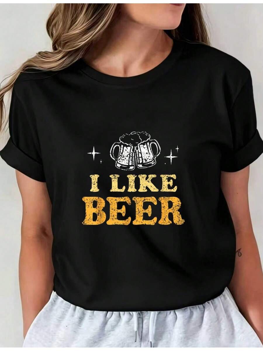 Camiseta Deportiva Casual para Mujer en Negro con Gráfico de Cerveza y Texto Brillante Amarillo - Camiseta Elástica de Cuello Redondo, Lavable aáquina, Ajuste Cómodo para Todas las Estaciones, para Amantes de la Cerveza. - Negro - Ver 1