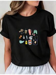 Camiseta Deportiva Casual para Mujer con Gráfico Ilustrado de Símbolosédicos - Camiseta Elástica de Cuello Redondo, Lavable aáquina, Ajuste Cómodo y Apta para Todas las Estaciones, para Profesionales de la Salud. - Negro - Ver 6