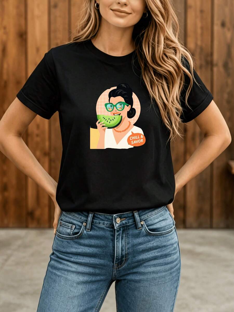 Camiseta Deportiva Casual para con Diseño de Caricatura Colorido - Camiseta Elástica de Cuello Redondo, Lavable aáquina, Ajuste Cómodo y Perfecta para Todas las Estaciones. - Negro - Ver 1