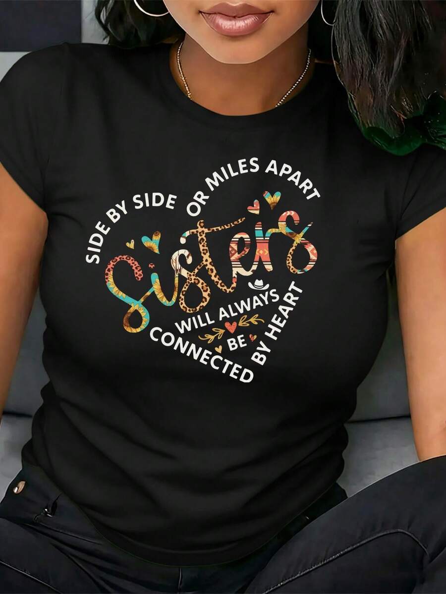 Women's T-Shirt With A Modern And Creative Letter Print, Suitable For Casual Outdoor Wear In Spring And Summer, Holiday Parties, Versatile And Stylish With A Leopard Print. - Black - View 1