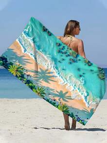 250gsm Super Absorbent Quick Dry Microfiber Beach Towel With Sunny Coconut Tree Pattern, Suitable For Beach, Pool, Yoga Mat, Sunscreen Shawl, Summer Travel, Camping, Swimming, Picnic - Cadet Blue - View 11