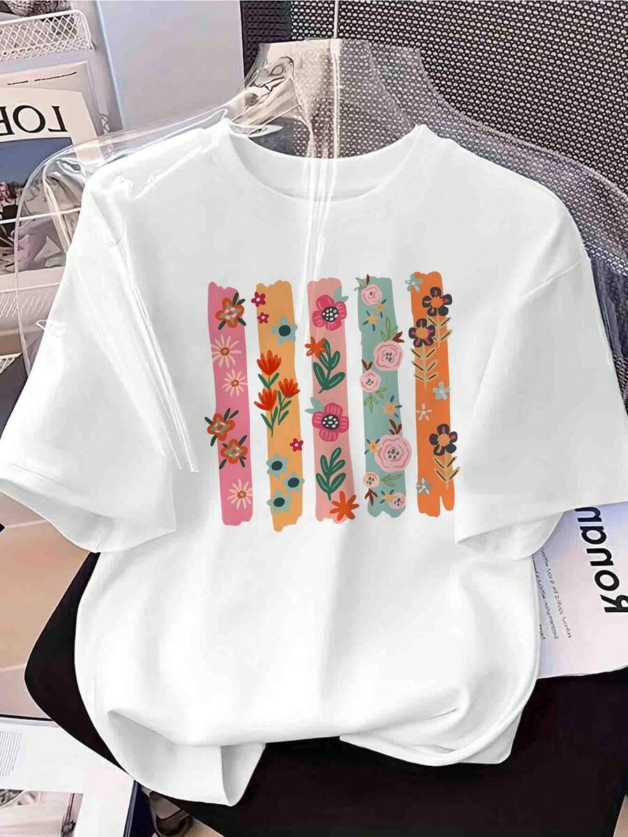 Camiseta inspiradora para mujer con estampado floral artístico en tela - Top de cuello redondo - Diseño ligero de fantasía casual para primavera/verano y cita de autor - Ropa casual cómoda lavable a máquina