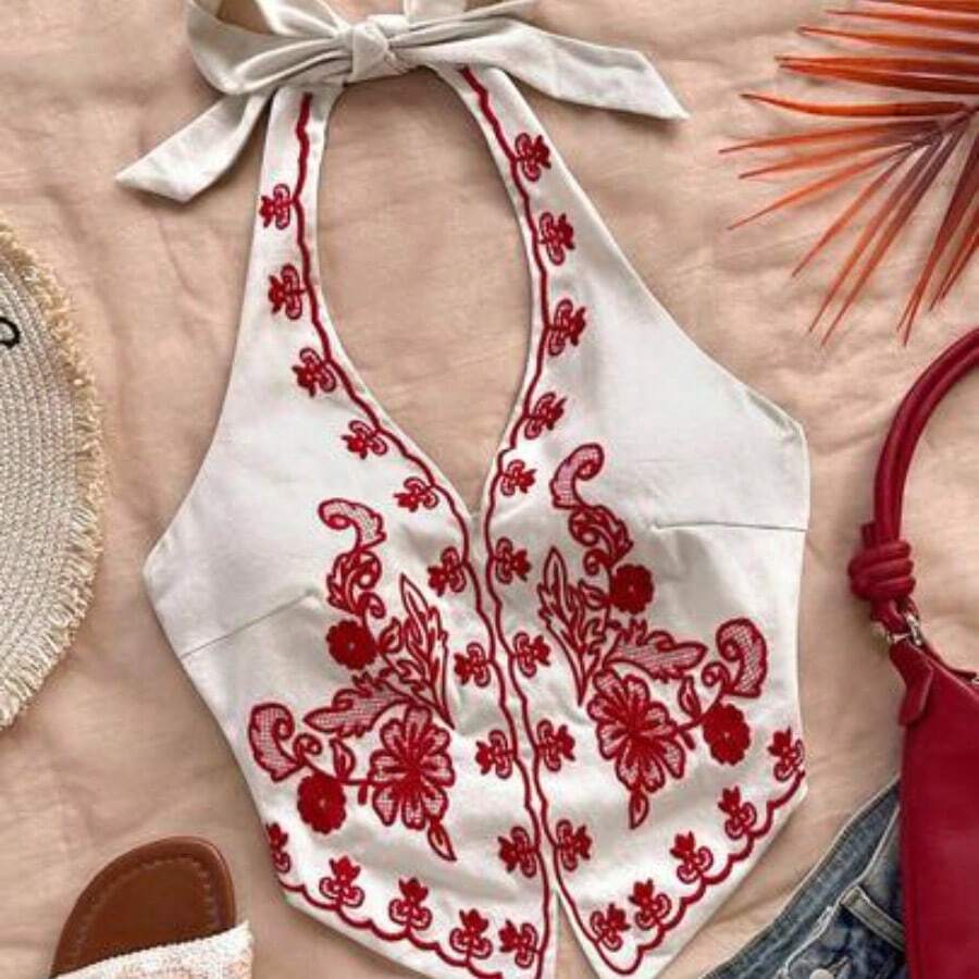 Top corto con escote halter, espalda descubierta y lazo, con bordado floral, adecuado para festivales de música - Albaricoque - Ver 1