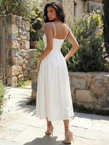Women's White Elegant Keyhole Spaghetti Strap Flowy A-Line Midi Long Dress Late Summer Fall Wear For Bridal Shower Tea Party Vacation Date - White - View 2