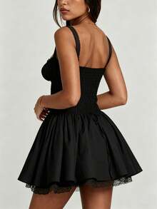 Women's Flower Embroidery Boho Mini Dress Backless Self-Tie Bowknot Square Neck Wide Straps Ruffle Mini Dresses Sleeveless Summer Vacation Short A-Line Dress - F1309-black - View 4
