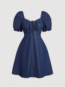MOD Vestido de mezclilla talla grande, de manga de globo, de corte holgado en azul, vestido de lazo, vestido de mujer para otoño, atuendo de mujer para cruceros, vestido de graduación, vestido de invitada de boda de otoño, vestido de Navidad, vestido renacentista - Azul lavado oscuro - Ver 1