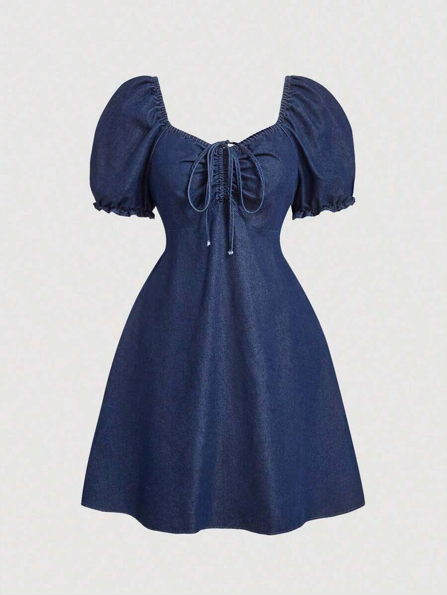 MOD Vestido de mezclilla talla grande, de manga de globo, de corte holgado en azul, vestido de lazo, vestido de mujer para otoño, atuendo de mujer para cruceros, vestido de graduación, vestido de invitada de boda de otoño, vestido de Navidad, vestido renacentista - Azul lavado oscuro - Ver 1