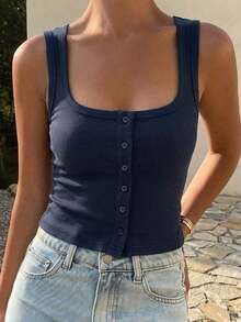 Top de camiseta ajustada de cuello cuadrado acanalado para mujer, verano - Azul marino - Ver 2