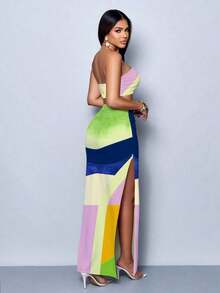 Vestido maxi elegante de fiesta con estampado de rayas abstractas y colores vibrantes, diseño ceñido y sexy, perfecto para salir, fiestas y vacaciones - Multicolor 4 - Ver 2