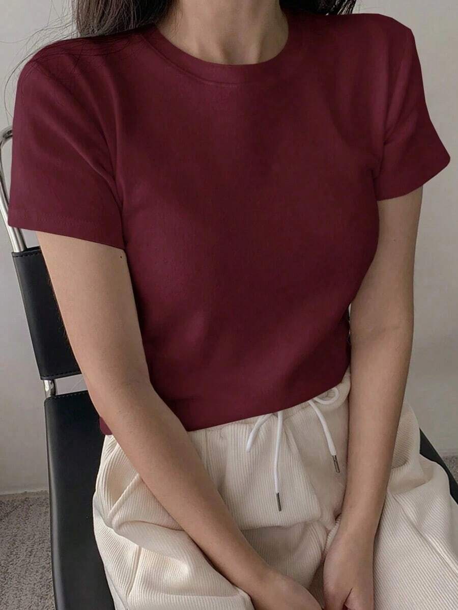 Camiseta de manga corta de cuello redondo de unicolor para verano - Burdeos - Ver 1