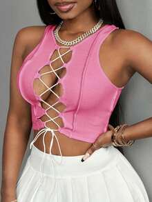 Top corto sin mangas con contraste de color acanalado, estilo casual básico, deportivo, sexy y de calle Y2K para mujeres - Rosa Fucsia 2 - Ver 6