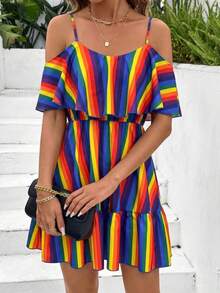 Vestido corto elegante de mujer con cuello en V, volantes, cintura y línea A, con estampado de lunares marrones y hombros descubiertos - Multicolor 2 - Ver 4