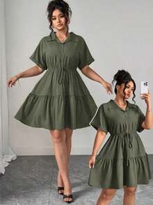 Vestido informal de estilo camisa de talla grande con detalles ricos - Verde militar - Ver 4