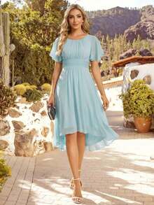 Vestido de dama de honor de gasa con pliegues y mangas con volantes, vestido de noche elegante para invitados de boda en primavera - Celeste - Ver 7