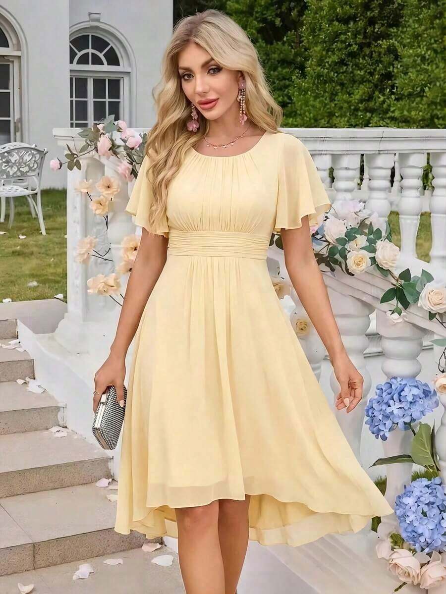 Vestido de dama de honor de gasa con pliegues y mangas con volantes, vestido de noche elegante para invitados de boda en primavera - Amarillo - Ver 1