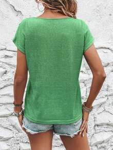 Camiseta de manga corta de unicolor, casual y versátil para uso diario - Verde - Ver 2