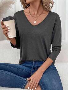 Camiseta de manga larga con cuello en V regular y estilo minimalista casual, adecuada para otoño/invierno - Gris Oscuro - Ver 5