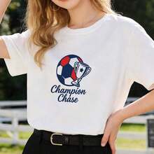 1 Graphic T-Shirt With The Champion Chase Football Trophy, Women's Short Sleeve T-Shirt, Plus Size S-5XL, Summer Top, 180g, 100% Cotton. - 白色 - 查看 7