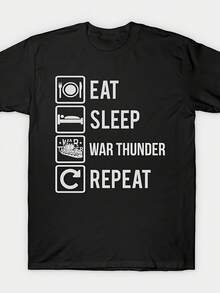 Unisex War Thunder Gamer T-Shirt, Bold 'Eat Sleep Game Repeat' Print, Loose Fit, Stretch Fabric, All-Season Comfort, Casual T-Shirt For War Thunder Fans, Durable Casual Wear, Iconic Geometric Pattern, Crew Neck, Dropped Shoulders, Short Sleeve - 黑色 - 查看 7