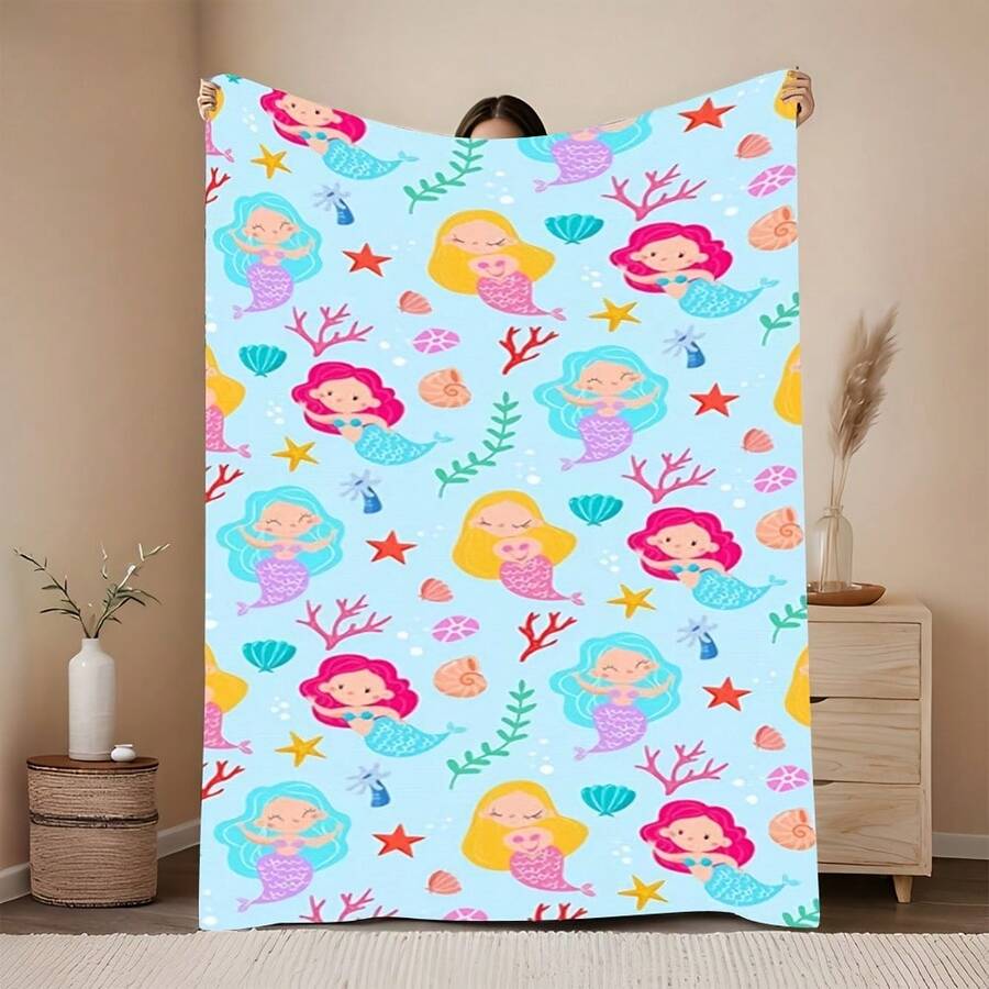 1pc Of Cozy Flannel Throw Featuring Little Mermaids On A Blue Backdrop, Incredibly Soft And Warm, Ideal For Camping, Sofa, Bed, And Office Use - A Versatile Blanket For All Seasons, Stylish Decoration, And A Perfect Gift - Chăn ga trải giường. - Xem 1