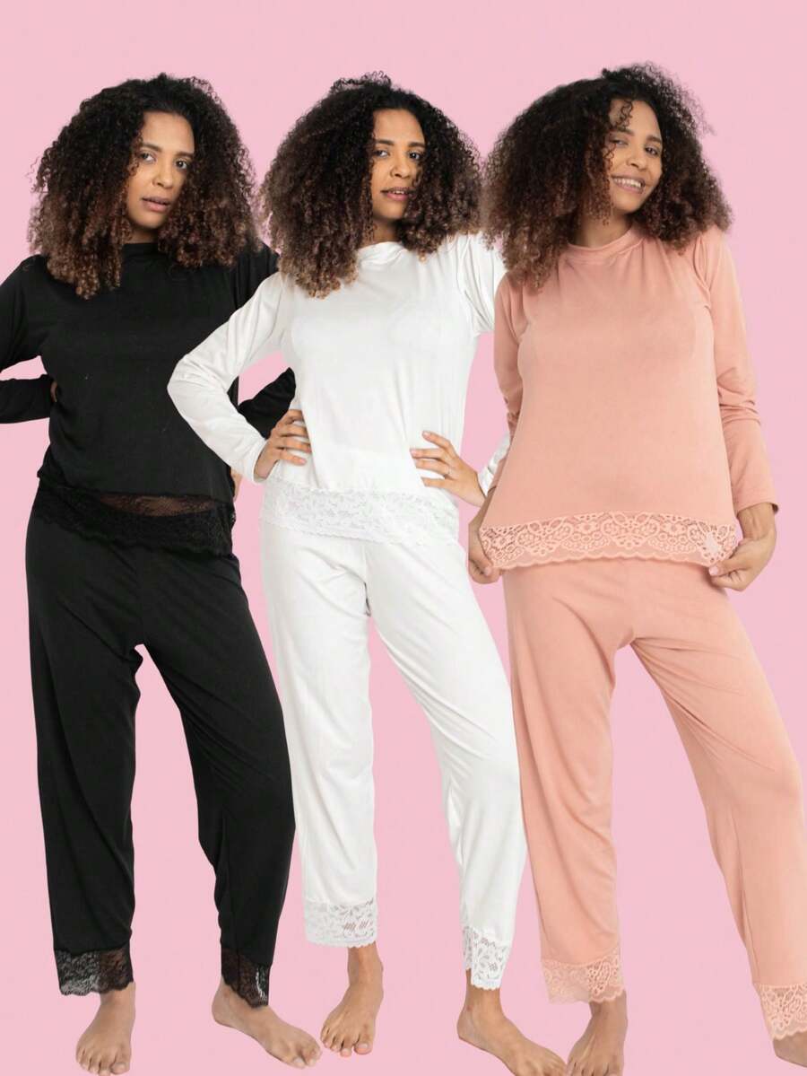 Kit 3 Pijamas Feminino Longo com Renda Delicada Elegante e Confortável - preto/branco/rosê - Visão 1