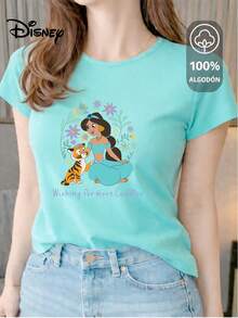 Women's T-Shirt Made Of 100% High-Quality Cotton, This T-Shirt Guarantees Exceptional Softness To The Touch, Round Neck With "Disney Jasmine & Rajah Cuddles" Print And Short Sleeves - 水 - 查看 1