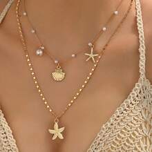 1 pieza Collar de perlas falsas de verano, colgante de vida marina de moda, adecuado para atuendos diarios y de vacaciones de mujeres, longitud de cadena ajustable, cantidad variable de perlas falsas - Amarillo Oro - Ver 7