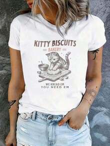 100% Cotton, 1 Piece. Short-Sleeve T-Shirt With Kitten And Cookie Print, "We Knead Em You Need Em" Bakery Design, Casual Graphic Tee For Women, Fun Animal Print Tee, Anime Style, Suitable For Parties, Sports, And Other Holiday Gifts. 100% Cotton. Simple Solid Color Women's T-Shirt, Loose And Fitted Cut, Casual Short-Sleeve. - 黑色 - 查看 6
