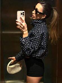 Ropa de otoño para mujer Ropa de invierno Abrigo de invierno con lunares Chaquetas cortas para mujer Abrigos Blusas de manga larga Chaquetas con cremallera para damas Abrigos cortos de primavera y otoño Nuevas prendas de calle Chaqueta corta con cremallera - Azul marino - Ver 4
