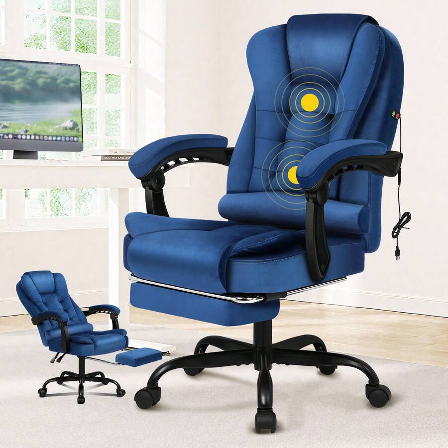 ALFORDSON Ergonomic Office Chair With Massage Function, Footrest And 150° Tilt, Velvet Executive Chair With SGS Gas Spring, Swivel Gaming Chair For Computer, Suede, Black - Blue - View 1