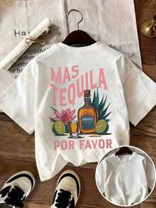 Women's Plus Size Crew Neck Casual T-Shirt With Tequila Margarita Cocktail Glass Print, Lemon, Flower And Leaf, Spring/Summer Pure-Cotton - 白色 - 查看 1