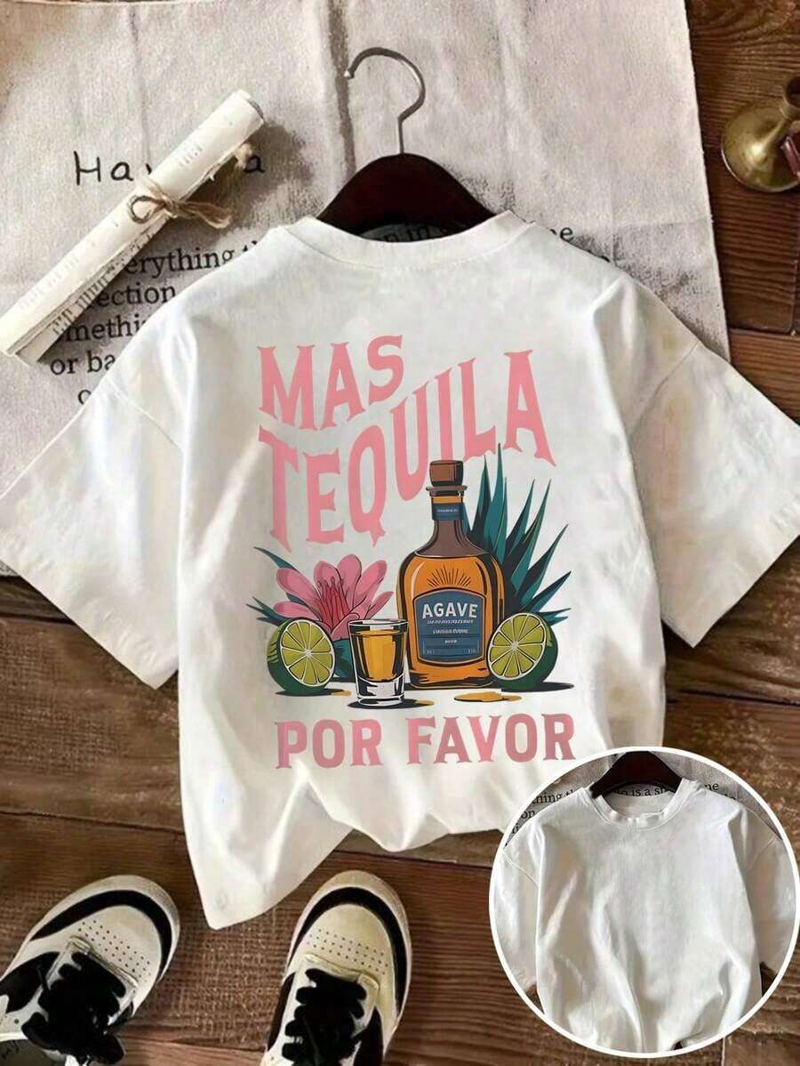 Women's Plus Size Crew Neck Casual T-Shirt With Tequila Margarita Cocktail Glass Print, Lemon, Flower And Leaf, Spring/Summer Pure-Cotton - 白色 - 查看 1