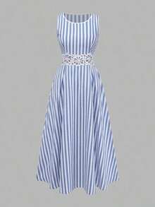 XHEGlowEve Vestido midi de línea A con cintura de parche de rayas azules y blancas de algodón y lino, con recorte de encaje hueco, elegante y encantador para uso diario, vacaciones, citas, moda de calle francesa, retro y versátil para primavera y verano, nuevo diseño sin mangasXHE - Multicolor 2 - Ver 9