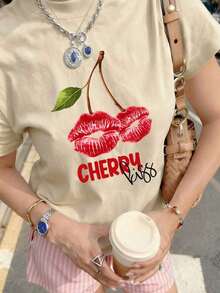 Women's Summer T-Shirt With Cherry Kiss Print, Round Neck, Short Sleeve, Casual Holiday Style - 杏色 - 查看 4