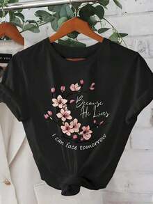 New Arrivals For Summer 2026, Cherry Blossom Inspired Pattern, Beautiful, Elegant, Fashionable, Casual Korean Style T-Shirts For Spring And Summer - Unisex Short Sleeve T-Shirt, Round Neck, Vintage Street Style, 100% Pure Cotton. - 黑色 - 查看 1