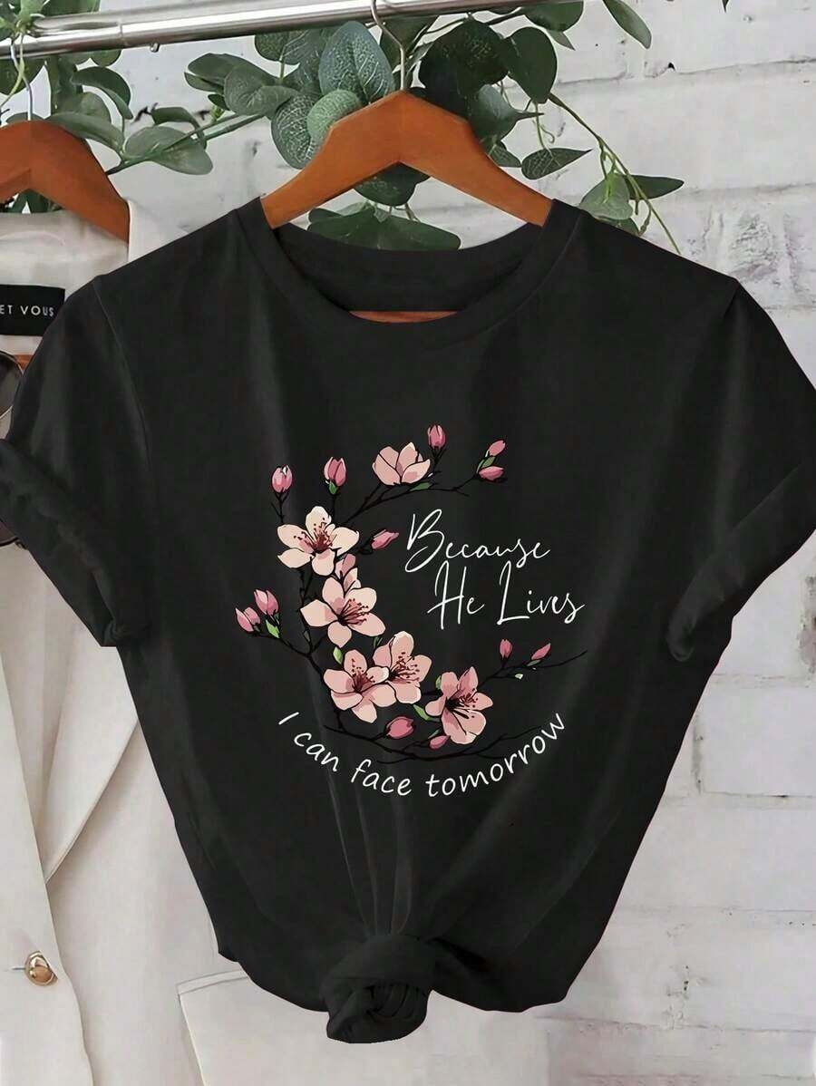 New Arrivals For Summer 2026, Cherry Blossom Inspired Pattern, Beautiful, Elegant, Fashionable, Casual Korean Style T-Shirts For Spring And Summer - Unisex Short Sleeve T-Shirt, Round Neck, Vintage Street Style, 100% Pure Cotton. - 黑色 - 查看 1