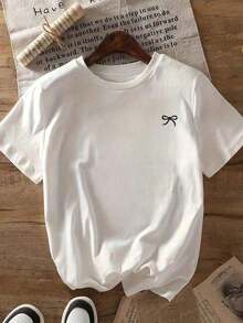 Loose-Fitting Short-Sleeved Blouse With A Bow Print And Wide Shoulders, Made Of Wrinkle-Resistant Cotton. Women's T-Shirts, Women's Blouses, Casual Blouses For Ladies - 白色的 - 查看 2