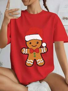 Cute Gingerbread Man With Festive Santa Hat And Bow Tie, Symbolizing Christmas Joy, Women's T-Shirt 100% Cotton - 紅色 - 查看 7