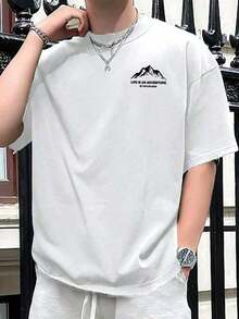 Men's Casual Short-Sleeved T-Shirt With Crew Neck, Mountain Pattern And Summer Slogan - 魏斯 - 查看 4