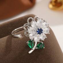 1 pieza Anillo giratorio Fidget de cobre con circonita, con diseño de flor, estrella y luna, para alivio de ansiedad y estrés, para uso diario, regalo - Plateado - Ver 9