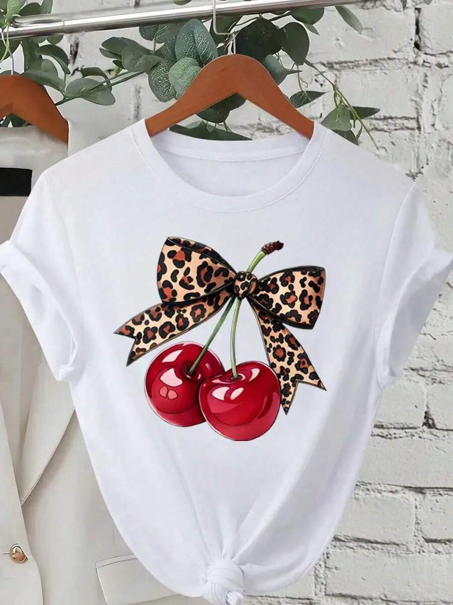 Women's Short-Sleeved T-Shirts, 100% Cotton, Round Neck, Cherry Print T-Shirt, Short-Sleeved Round Neck T-Shirt, Casual Tops For Summer And Spring, Women's Clothing, T-Shirts. - 白色 - 查看 1