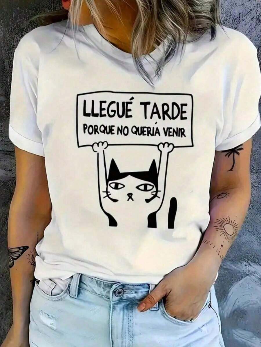 Playera estampada de letras y gatos, manga corta y cuello redondo, top casual para verano y primavera, ropa de mujer - Blanco - Ver 1