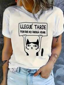 Playera estampada de letras y gatos, manga corta y cuello redondo, top casual para verano y primavera, ropa de mujer - Blanco - Ver 4