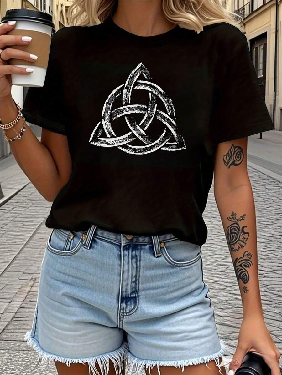 T-Shirt With Graphic Print Of Three Celtic Knots With Christian Themes, Short Sleeve, Round Neck, Casual Style For Summer And Spring, Women's Clothing. - 黑色 - 查看 1