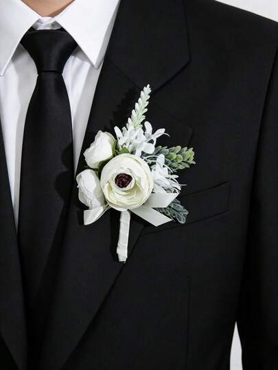 1pc/6pcs White Tea Bud With Small Tea Bud Misty Flower Artificial Green Plant, Romantic Style Boutonniere Suitable For Groom, Bride, Groomsman, Bridesmaid, Wedding Decoration, Banquet, Party, Anniversary