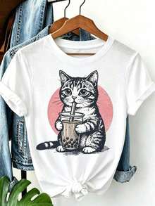 Simple And Versatile Design Bubble Tea Cat T-Shirt, Cute Cat Drinking Bubble Tea T-Shirt, Vintage Tattoo Style Cat T-Shirt, 90s Aesthetic Cat T-Shirt, Gift For Cat Lovers - 白色 - 查看 7